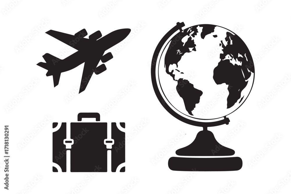 Fototapeta premium Airplane globe and suitcase travel icons