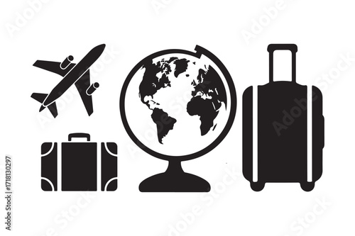 Travel icons airplane globe suitcases for global journeys