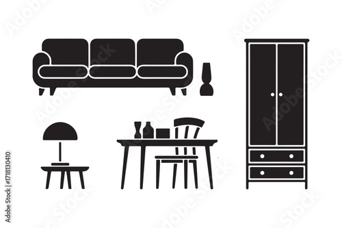 Silhouette of living room furniture and dining set