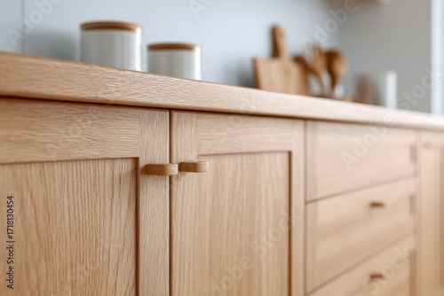 Wooden kitchen cabinet doors and handles closeup