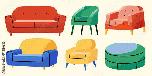 Collection of colorful and modern cartoon furniture including sofas armchairs and an ottoman