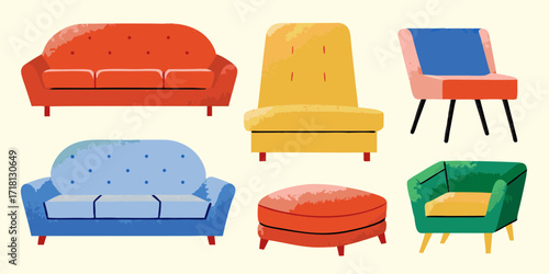 Collection of colorful and modern upholstered furniture including sofas armchairs and an ottoman