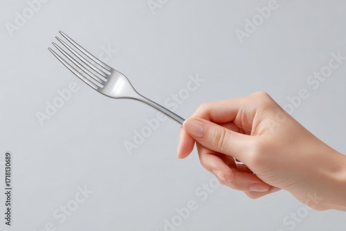 Close-up of a clean, polished fork held by a woman's hand