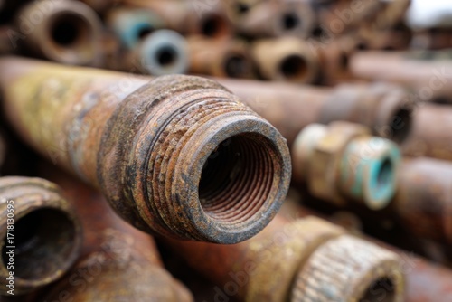 Closeup view of a pile of rusty metal pipes