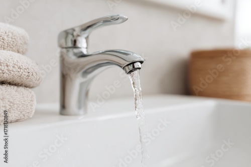 Macro view of a faucet with water on bathroom sink