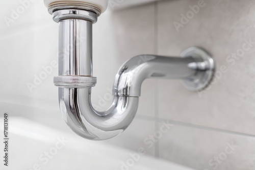 Metallic P-trap under sink in tiled bathroom