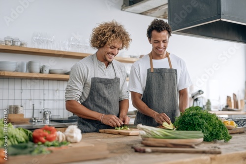 Two smiling man in professional kitchen chopping vegetables