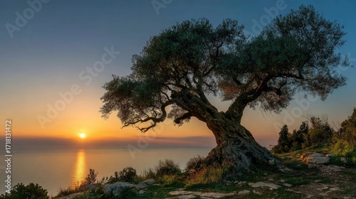 Majestic olive tree at sunrise over the sea