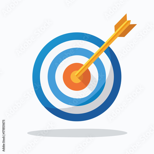 A golden arrow hitting the bullseye of a blue and white target, symbolizing achievement and accuracy.