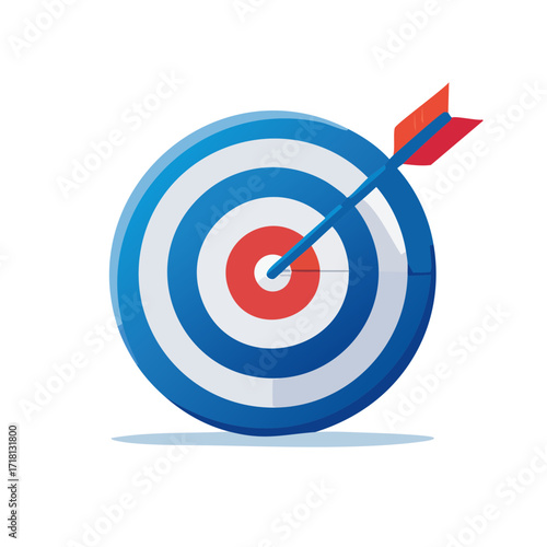 An arrow hitting the bullseye of a blue and white target, symbolizing accuracy, success, and goal achievement.
