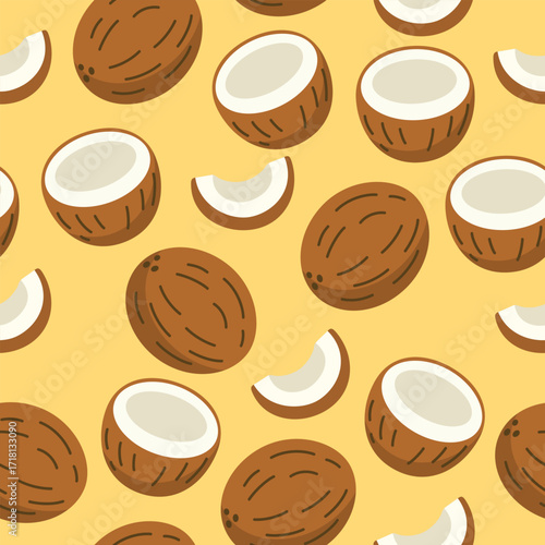 Coconut seamless pattern on yellow background