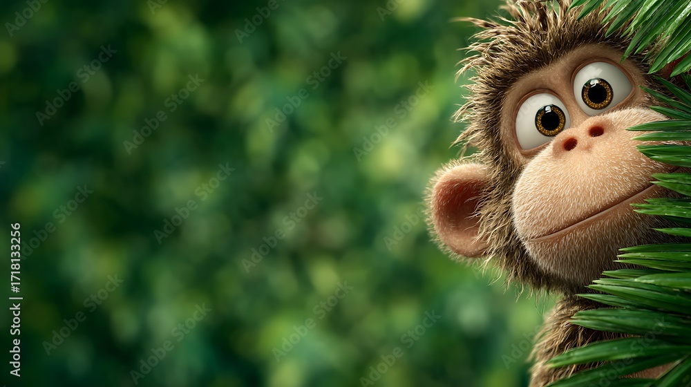 Fototapeta premium Cute Cartoon Monkey 3D Render, Jungle Background, Adorable Primate, Green Leaves
