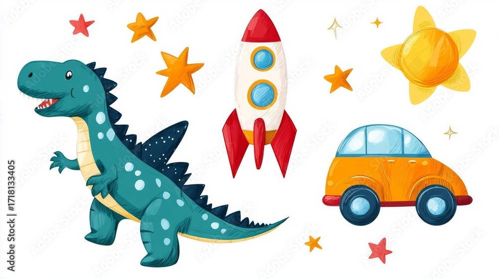 Obraz premium Colorful cartoon illustrations of a dinosaur, rocket, car, and stars perfect for children's design projects.