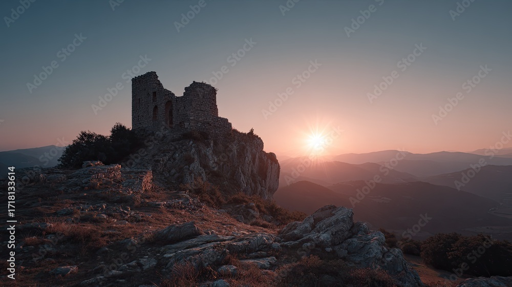 Fototapeta premium Ruined tower atop a mountain at sunset