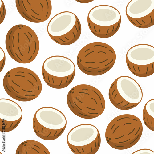 Seamless coconut fruit pattern on coral background