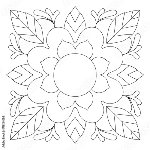 Symmetrical flower mandala design in a simple line art style. Ideal for a coloring book page or decorative pattern.