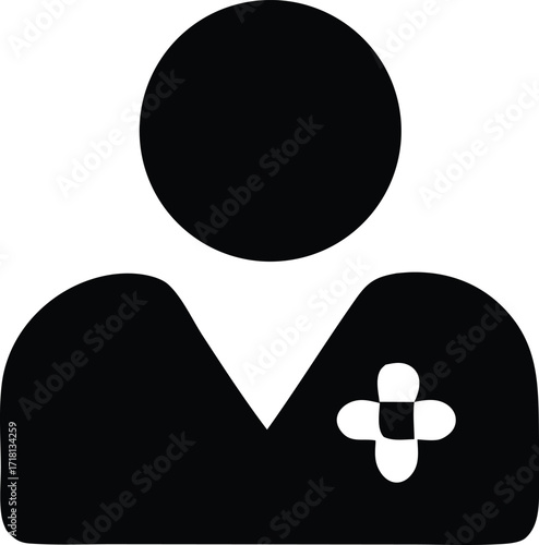 Stylized black silhouette of a person with a medical cross symbol indicating healthcare professional or doctor icon