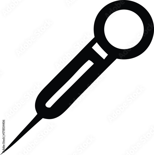 Simple silhouette icon of a sewing needle with a threading eye and sharp point for crafting and tailoring projects