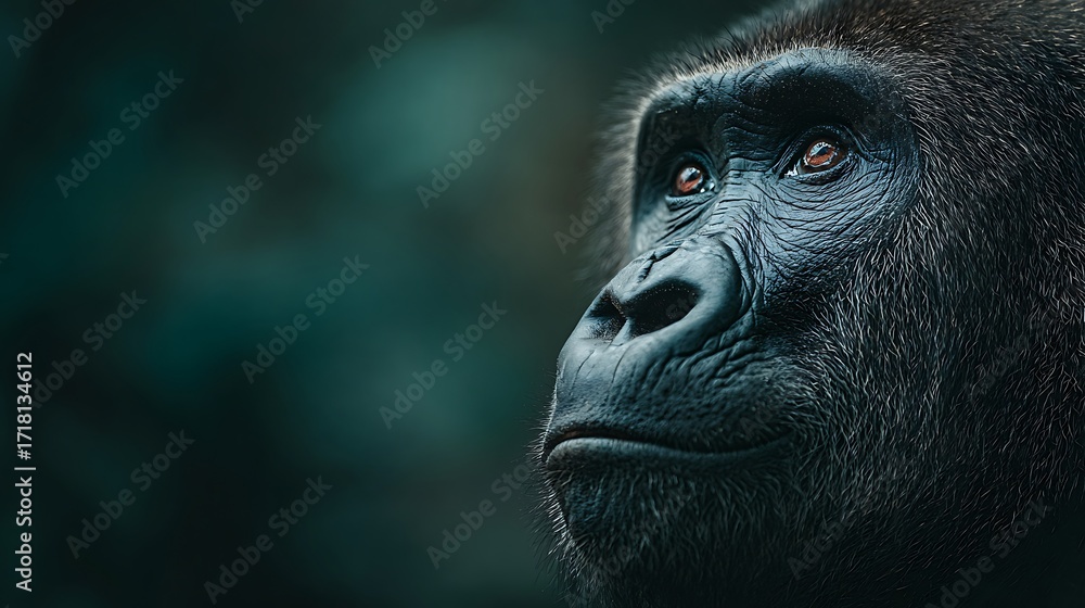 Obraz premium Close-up Portrait of a Gorilla, Dark Fur, Intense Gaze, Teal Background, Wildlife Photography