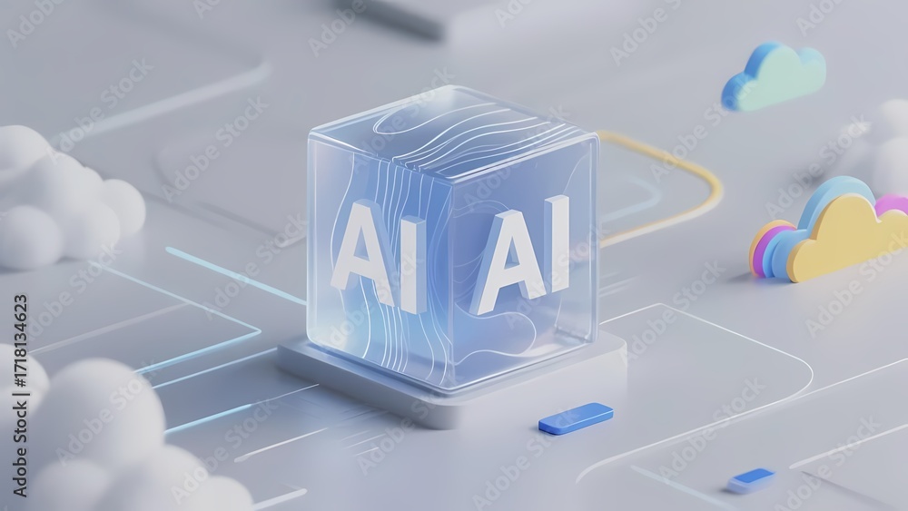 Fototapeta premium Transparent cube with AI text, surrounded by clouds and digital lines on a futuristic surface