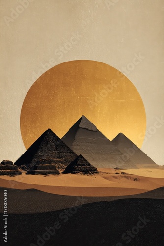 The Great Pyramids of Giza silhouetted against a giant golden sun in a minimalist desert scene.