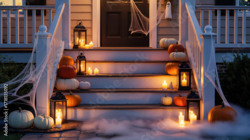 Front porch at dusk with pumpkins, lanterns, cobwebs, and ghost decoration