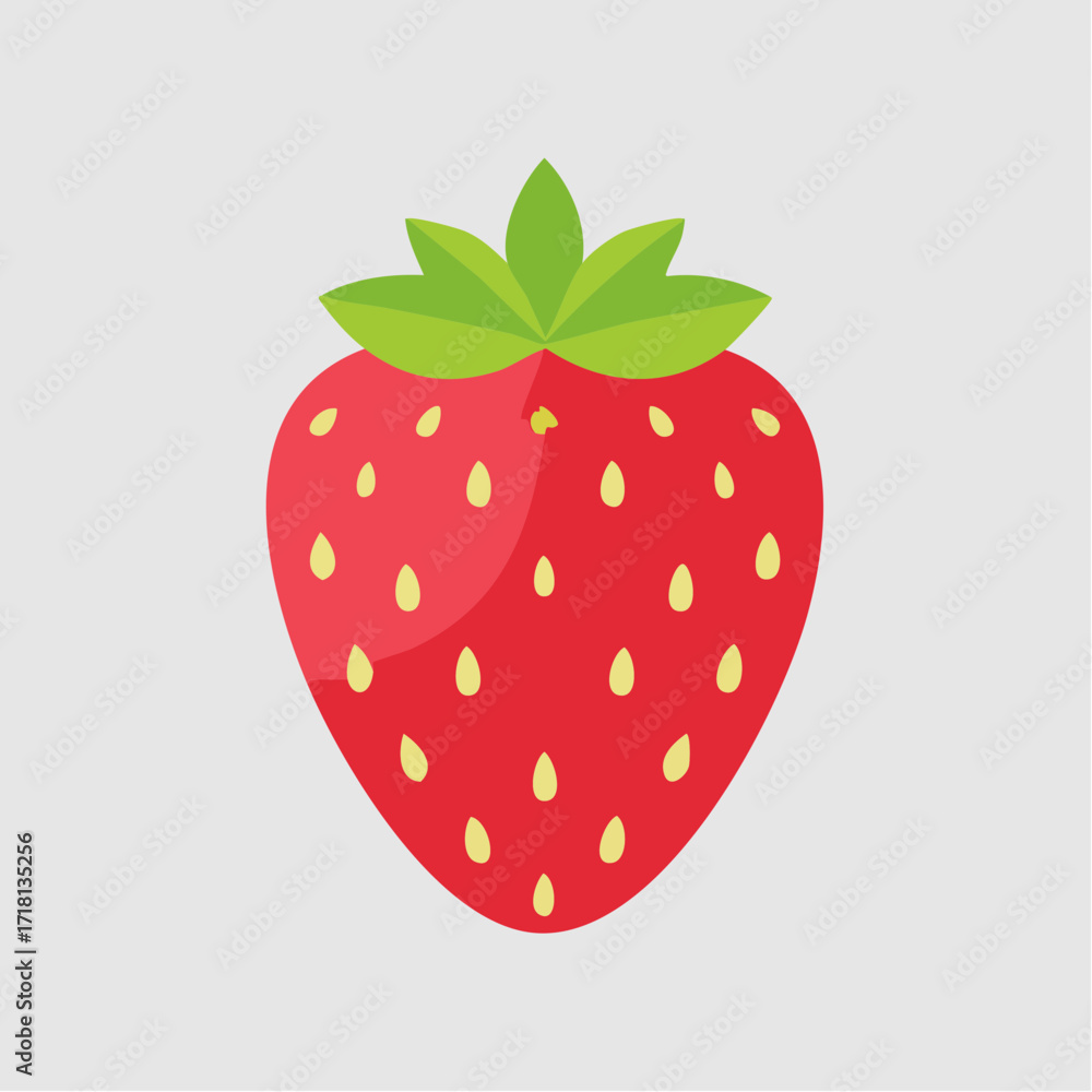Fototapeta premium A vibrant, stylized illustration of a single ripe strawberry with green leaves and yellow seeds against a plain gray background.