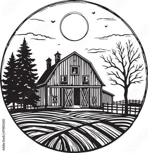 Rural Farm Scene Vector with Barn, Trees, and Plowed Fields in Circular Frame for Agriculture, Nature, and Seasonal Themes