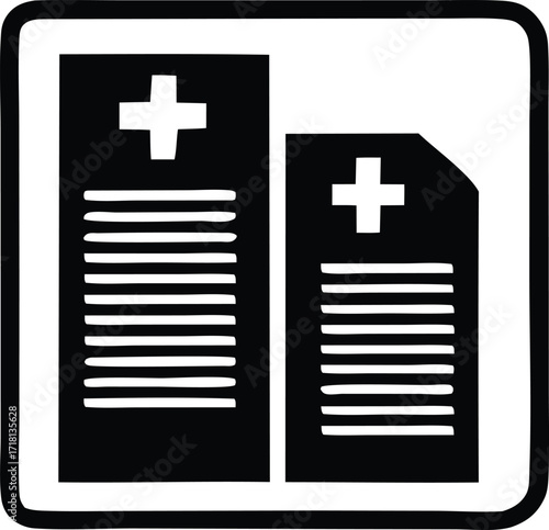 Medical documentation symbol icon representing healthcare records and patient information with plus signs for medical care