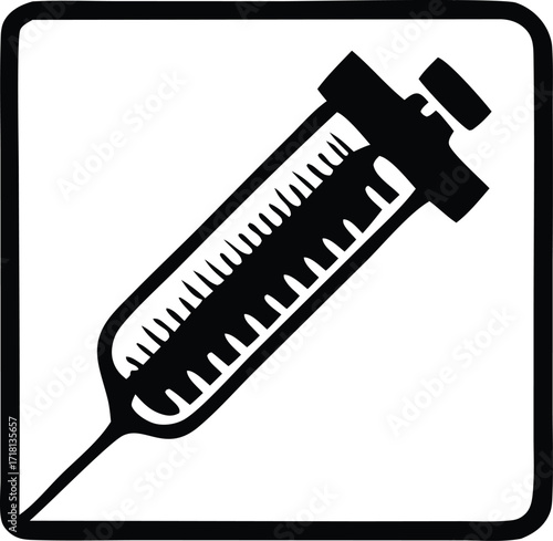 Medical syringe icon black white simple graphic for healthcare science medicine drug injection dosage liquid fluid medical tool symbol