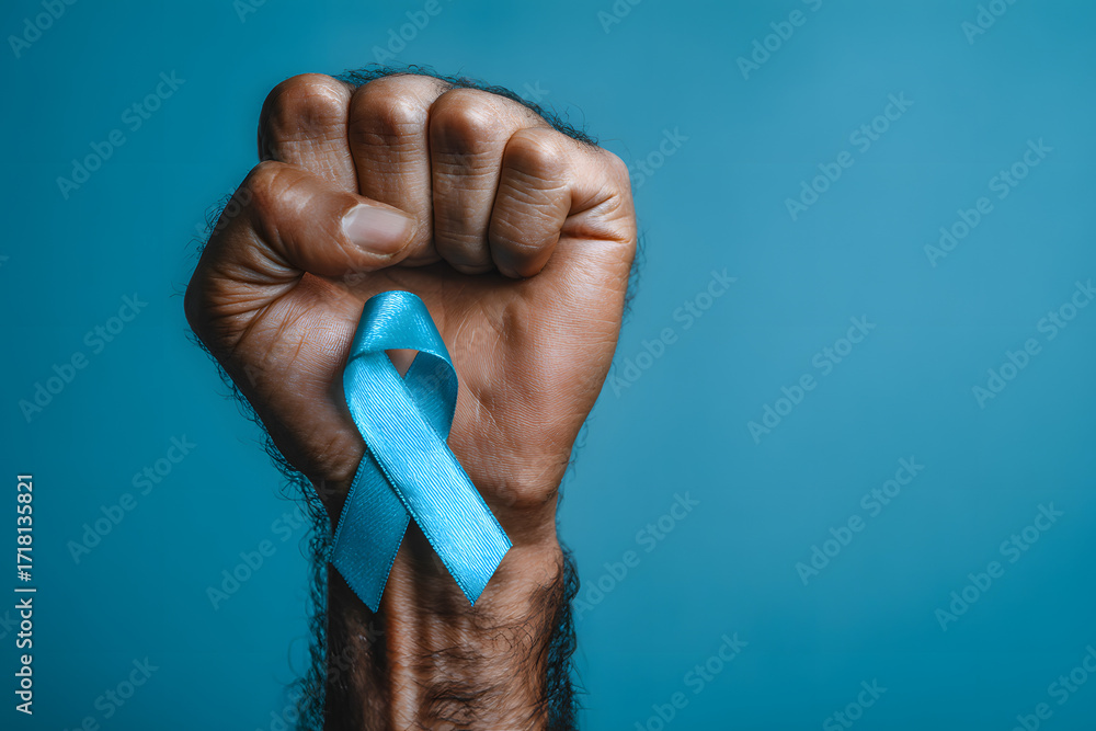 Fototapeta premium First person top view photo of raised male hand with clenched fist mustache silhouette and blue ribbon on wrist symbol of prostate cancer awareness on isolated pastel blue background
