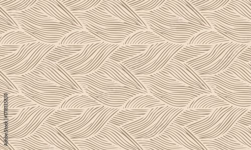 Abstract Hand-Drawn Wavy Leaf Seamless Pattern, Calming Zen Garden Background