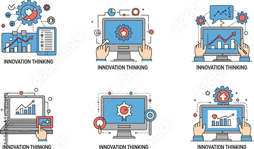 Innovation thinking illustration set, data analysis, business growth, system optimization, user-centered design, digital strategy, tech creativity, vector icons