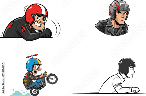Cartoon biker characters with helmets, motorcycle rider illustrations, funny biker drawing, vintage motorbike style, leather jacket riders, vector design art