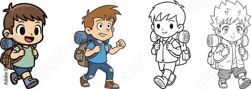Cartoon boys hiking, children with backpacks, cute kids outdoor trekking, camping adventure, travel exploration, black and white coloring illustration design