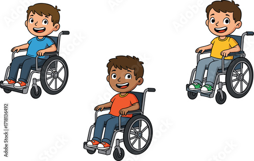 Cartoon boys in wheelchair smiling, disabled children illustration, inclusive kids with disability, accessibility design, happy lifestyle, diversity concept, healthcare vector art