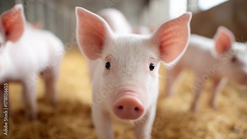 View this charming piglet in its cozy barn setting. The footage captures the innocence and curiosity of farm life. Perfect for animal lovers and educational purposes. Generative AI