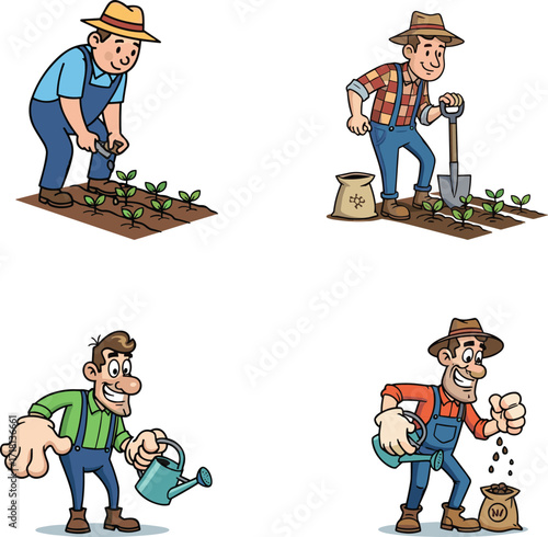 Cartoon farmers planting seeds, watering plants, using shovel, and fertilizing soil, agriculture illustration, farming work, garden care, cultivation concept, eco farming