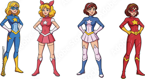Cartoon female superheroes in colorful costumes, strong confident women characters, comic book style artwork, fantasy heroines illustration, animated girl power design