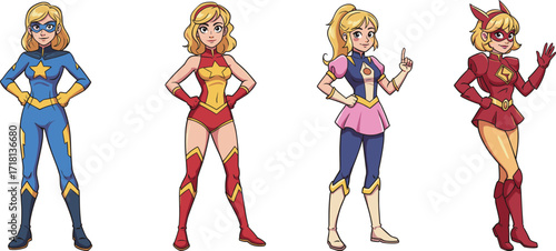 Cartoon female superheroes in colorful costumes, strong confident women characters, comic book style illustration, fantasy heroine art, animation design