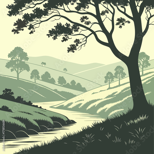 Serene landscape painting idyllic nature scenery hills trees serene landscape