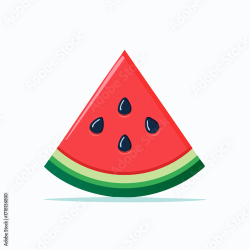 A vibrant cartoon illustration of a fresh, juicy triangular slice of watermelon with black seeds and a green rind.