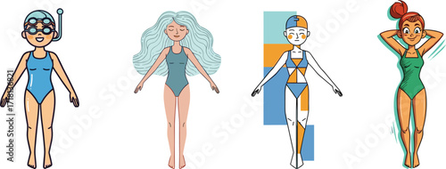 Cartoon girls in swimsuits, female swimmers character design, underwater sport, aquatic lifestyle illustration, swimming pool activity, vector artwork, fitness concept
