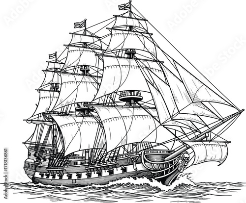 Old vintage sailing ship with large sails and rigging, antique nautical engraving style illustration of classic maritime vessel at sea