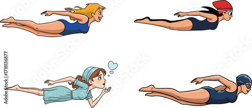 Cartoon girls swimming underwater, female swimmers illustration, sports activity, water sport design, swimming pool training, aquatic lifestyle, fitness vector artwork