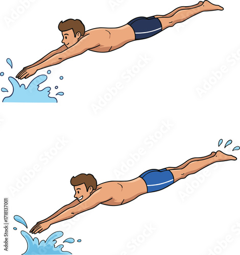 Cartoon man diving into water, swimmer illustration, male athlete jump, swimming pool sport activity, aquatic lifestyle design, vector fitness artwork