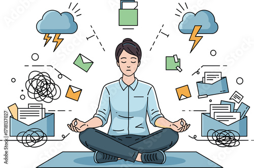 Mindfulness illustration, stress management, inner peace, meditation pose, digital overload, calm focus, mental wellness, emotional balance, self-care concept