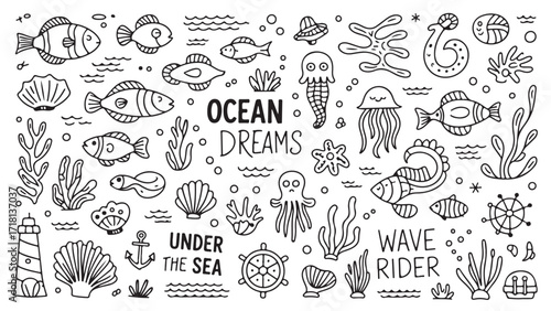 Cute hand-drawn ocean animals and plants including fish jellyfish seaweed shells and nautical elements creating a whimsical underwater scene perfect for kids illustrations representing dreams and wond