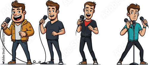 Cartoon men singing with microphone illustration, character design for music concert, karaoke performance, stage entertainment, vocal show, funny expressions, animation art