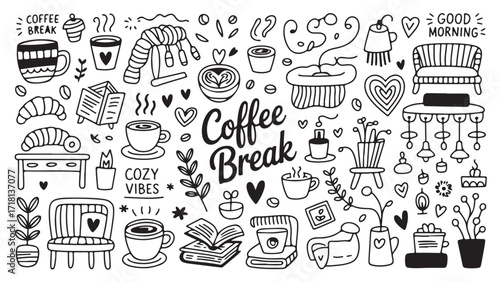 Coffee break elements cozy vibes hand drawn doodle illustrations perfect for home decor and lifestyle projects